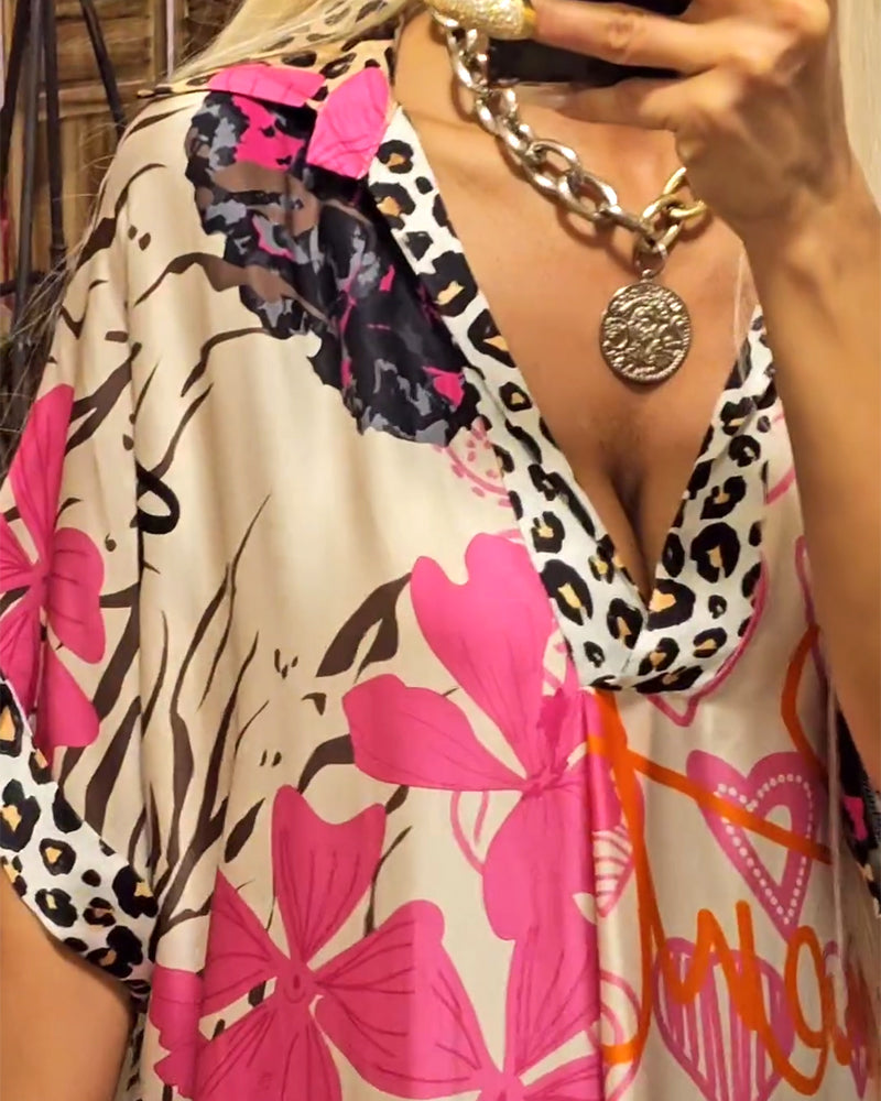 Valenzora | Casual dress with deep V-neck and leopard and colorful print