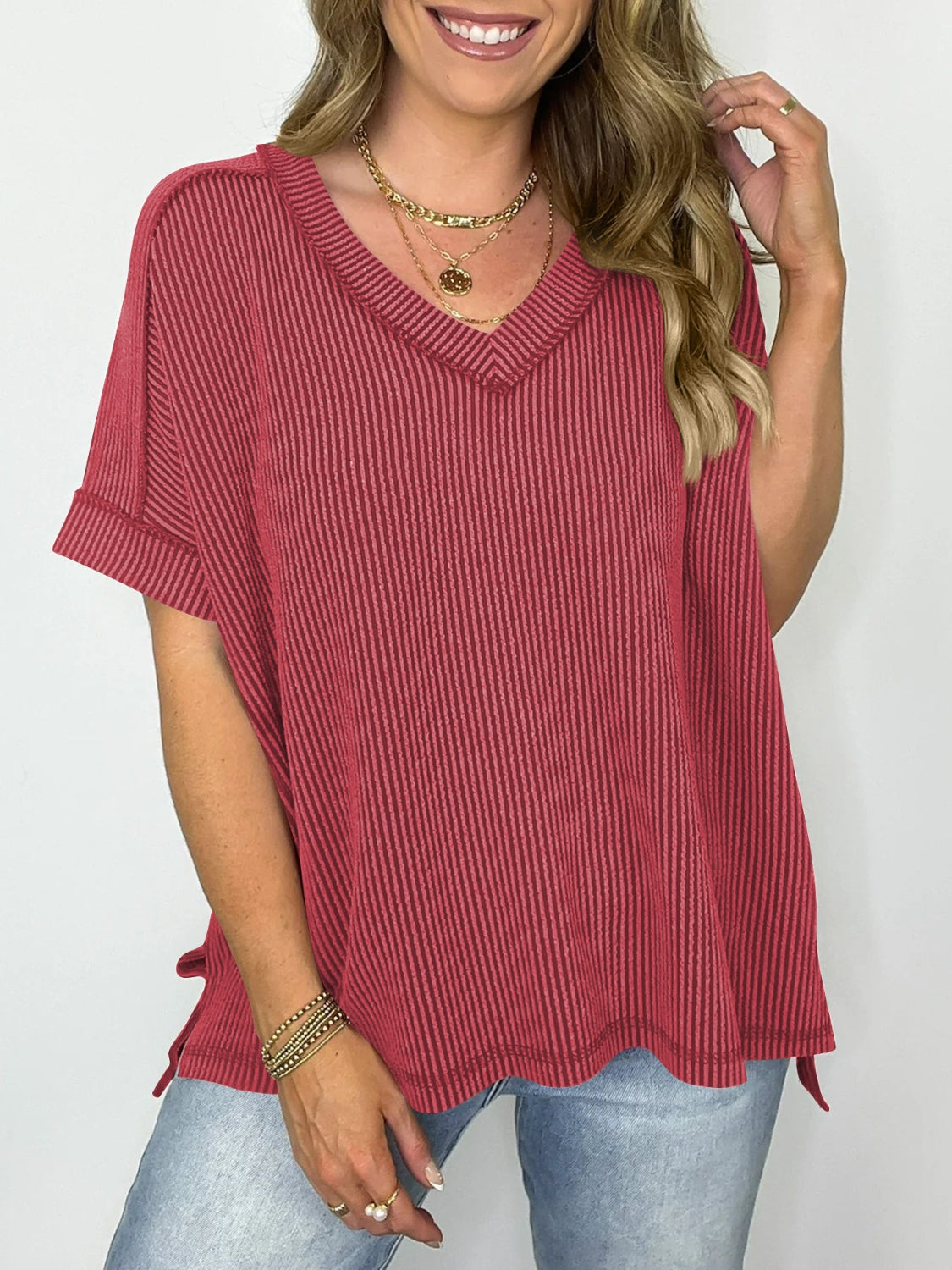 Valenzora | Corduroy V-neck short-sleeved T-shirt