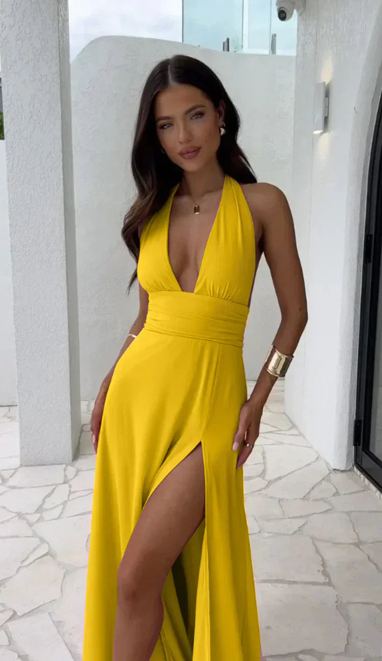 Valenzora | Sexy tief ausgeschnittenes Kleid mit Schlitz und in Unifarbe