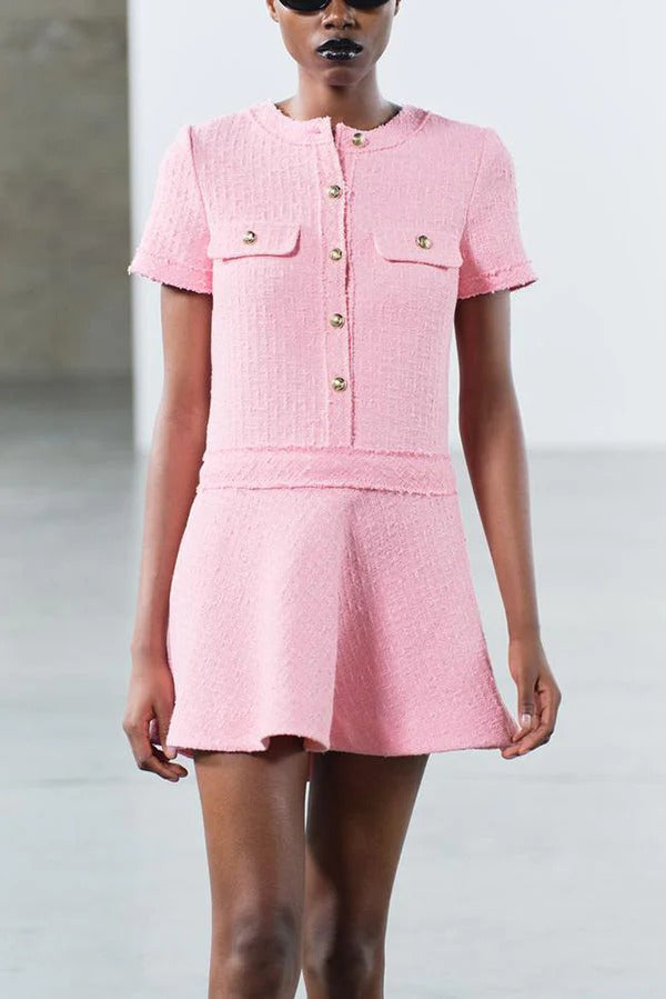Valenzora | 1960s London Girl Tweed Textured Short-Sleeved Dress with Gold Buttons and Pockets