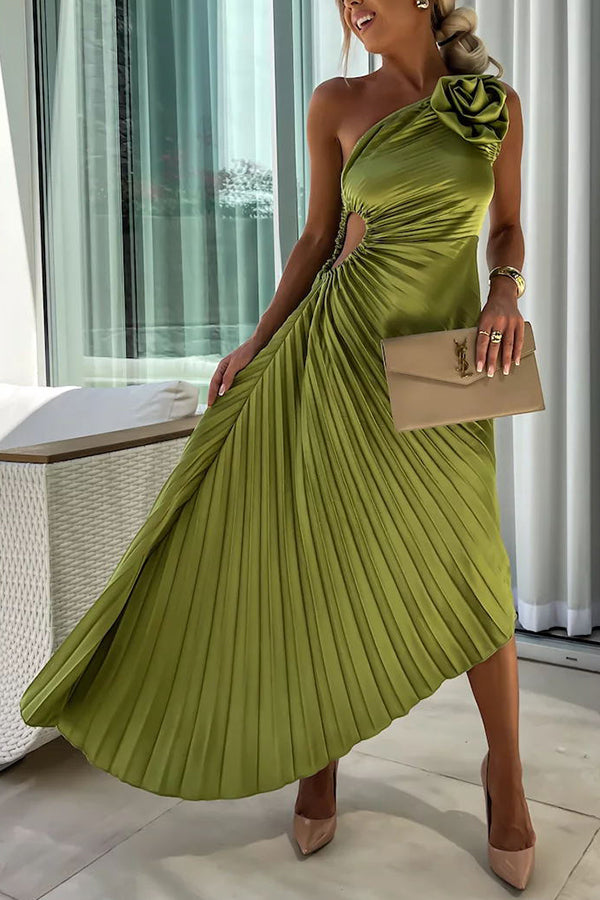 Valenzora | Romantische Nächte Satin Sublime Geblümt Elastisches Cutout One-Shoulder Plissiertes Maxikleid