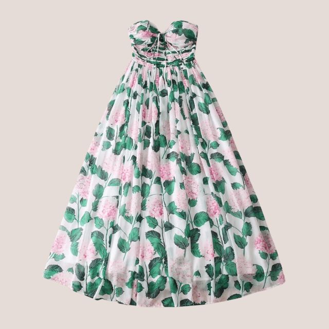 Valenzora | Strapless maxi dress with floral pattern and gathered bodice
