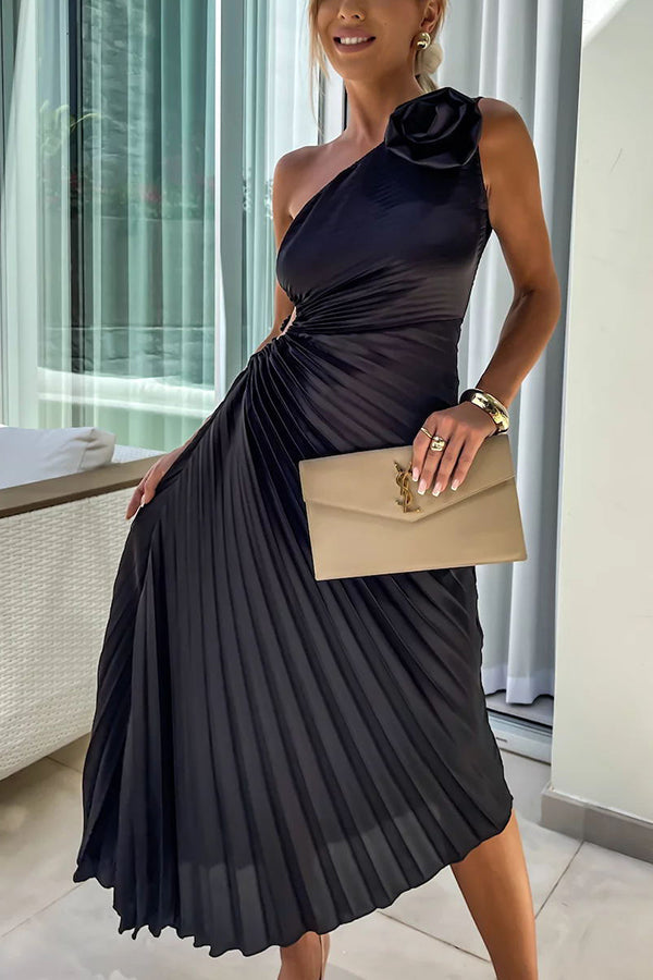 Valenzora | Romantische Nächte Satin Sublime Geblümt Elastisches Cutout One-Shoulder Plissiertes Maxikleid