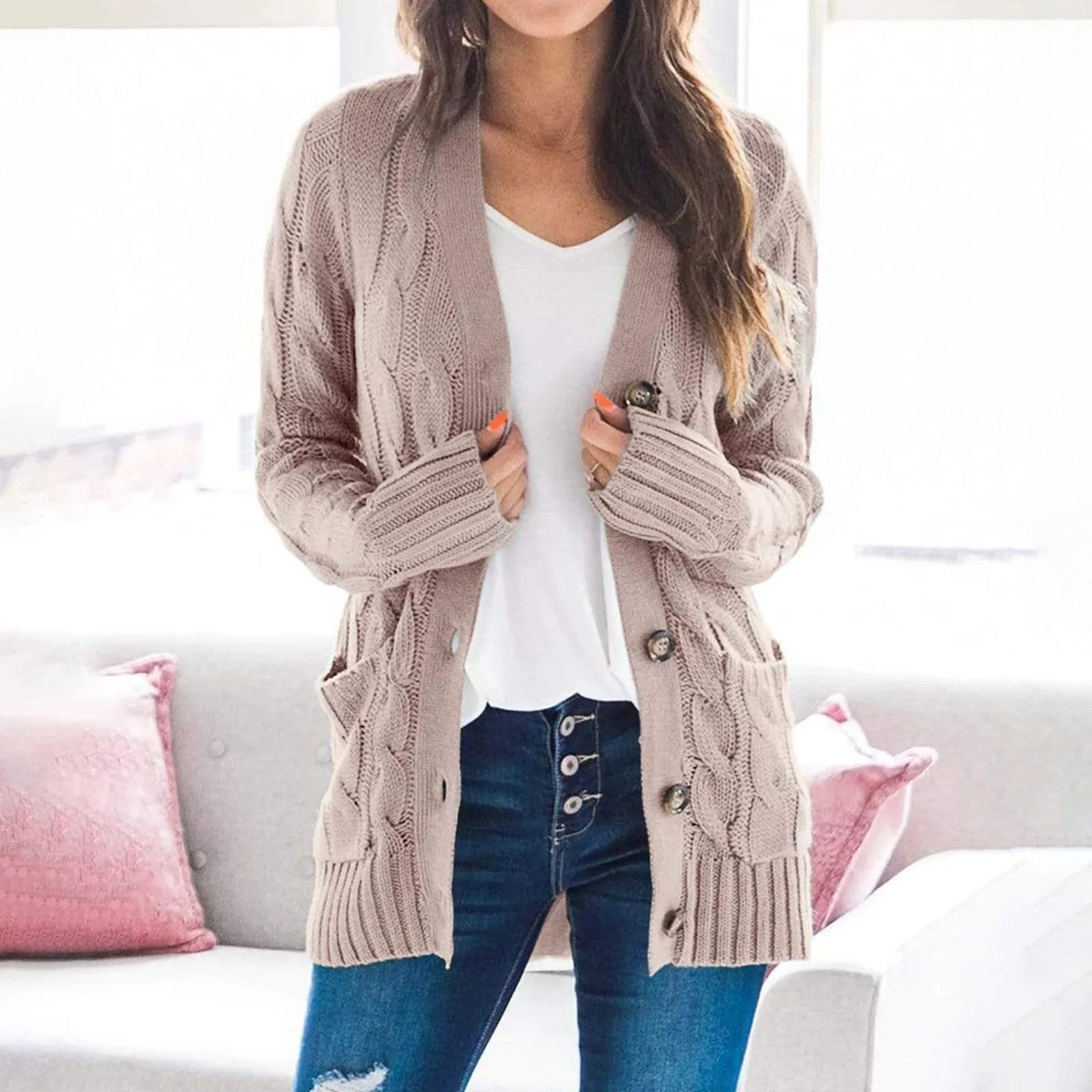 Valenzora | Stylischer langer Cardigan für Damen mit Knopfleiste