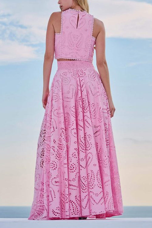 Valenzora | Rosiedress Lace Hollow Out Round Neck Crop Tank Top High Waist Maxi Swing Skirt Set