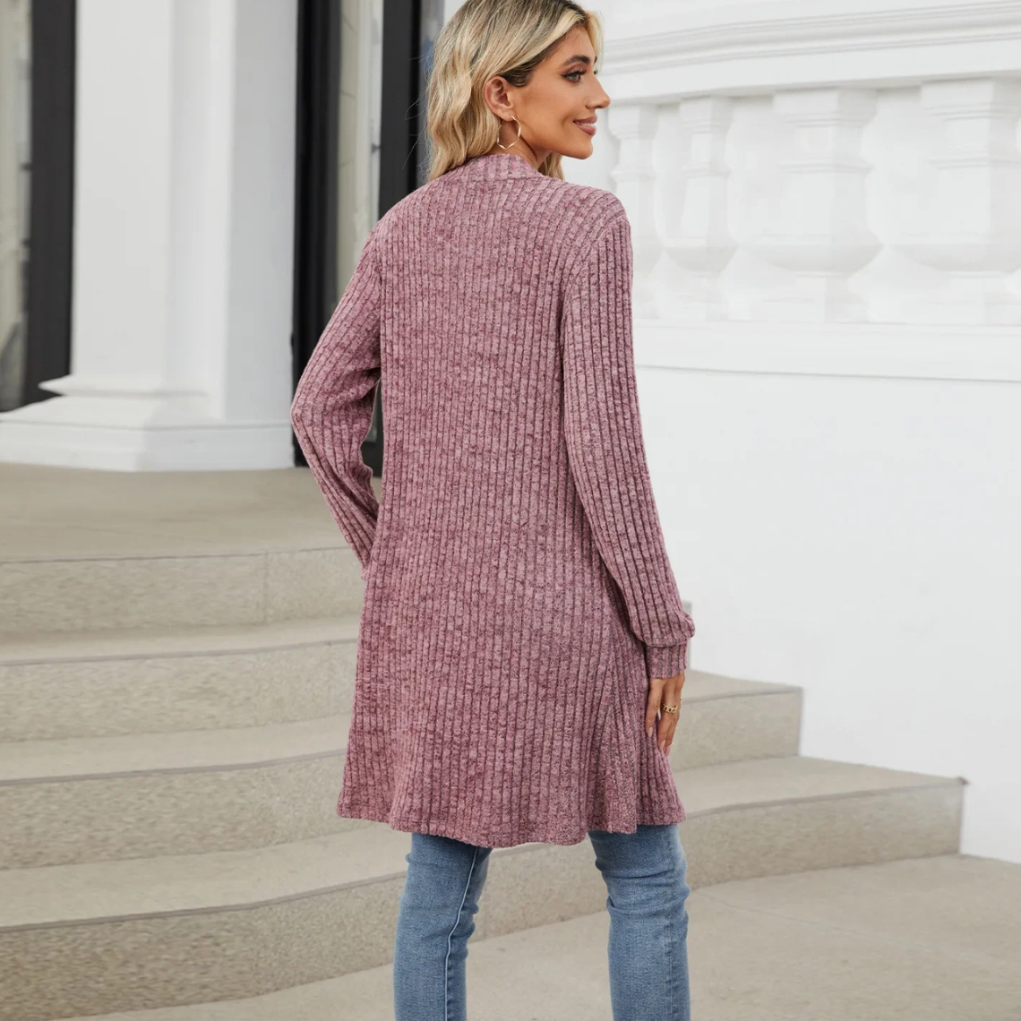 Valenzora | Long Women's Ribbed Open Front Cardigan with Pockets