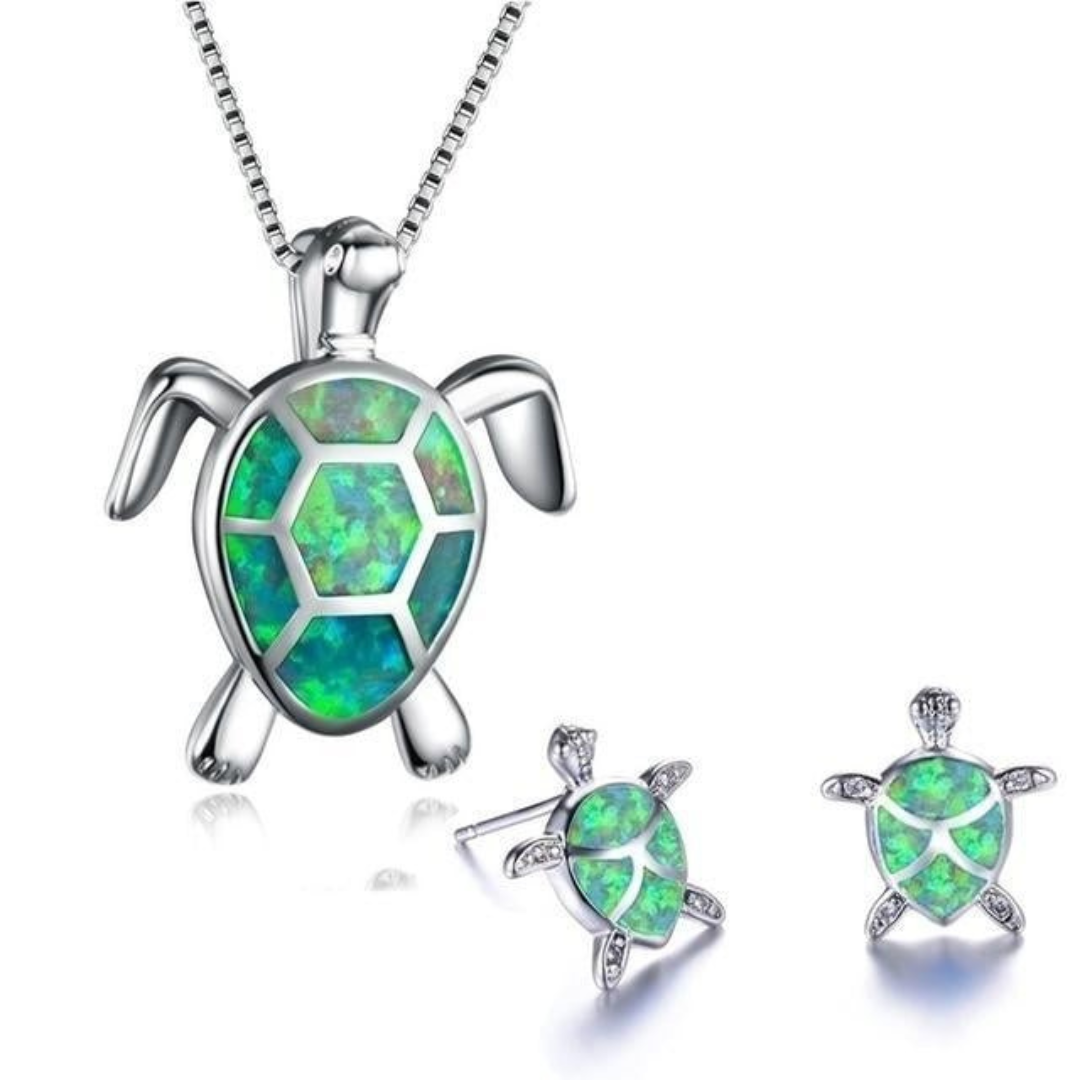 Valenzora | Turtle Necklace + Earrings in Opal and Silver