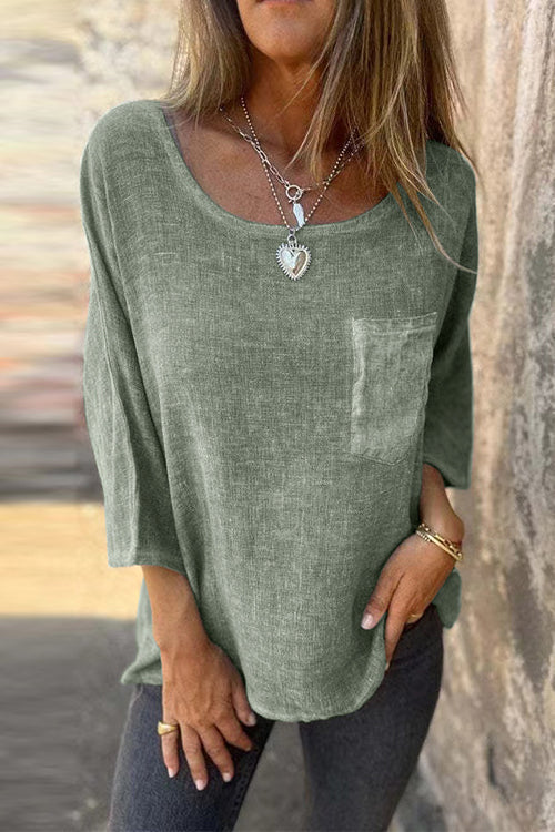 Valenzora | Rosiedress 3/4-Arm-T-Shirt mit Taschen aus Baumwolle und Leinen für die Freizeit