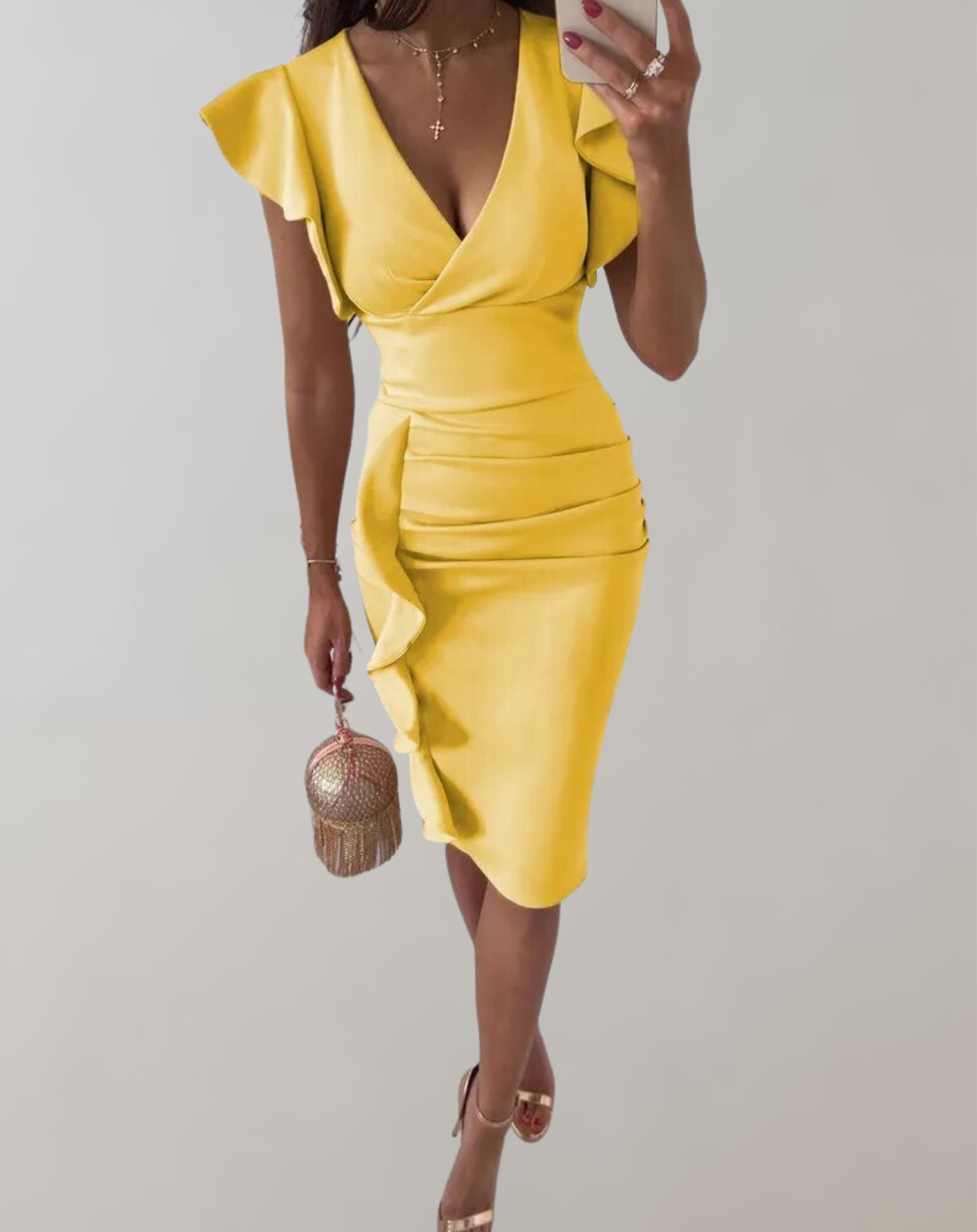 Valenzora | High-waisted dress with flair detail and puffed mini sleeves