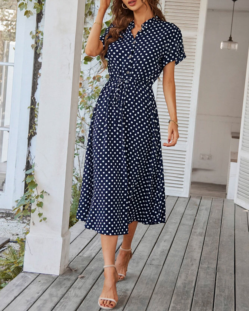 Valenzora | Dress with polka dot drawstring and button placket
