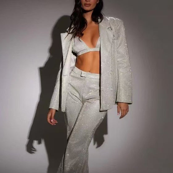 Valenzora | Glänzendes Damenanzugset mit Blazer und gerader Hose für Partys