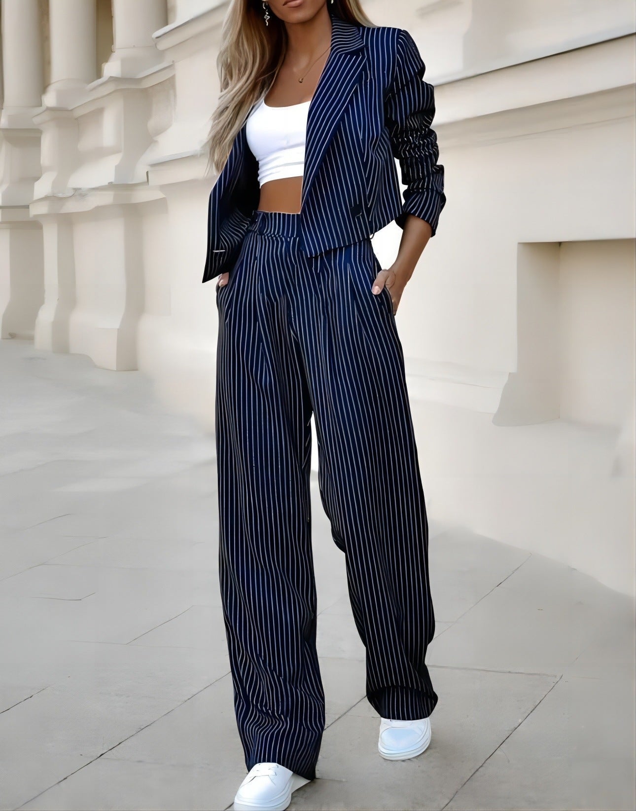 Valenzora | Blazer and trousers set - striped cropped blazer and wide-leg high-waisted trousers