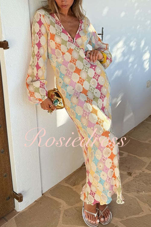 Valenzora | Rosiedress V-neck lantern sleeve geometric print maxi dress