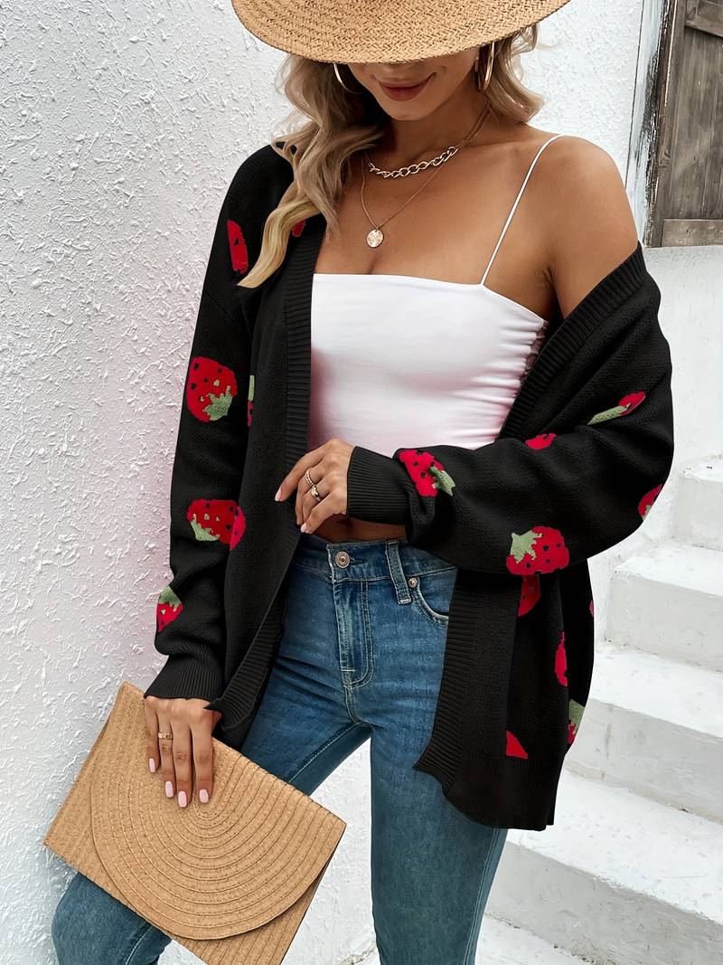 Langärmliger Cardigan mit Erdbeermuster für Herbst und Frühling