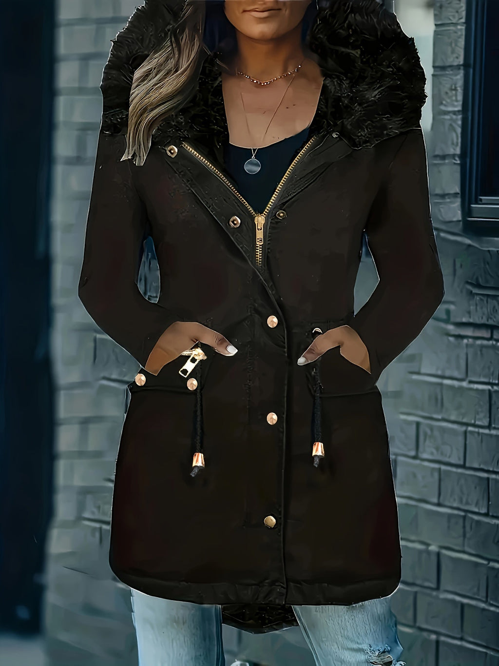 Valenzora | Zip-up parka coat with buttons and hood, women's winter jacket