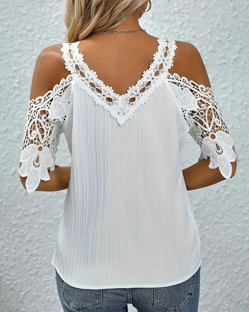 Valenzora | Off-Shoulder Lace T-Shirt Solid Color