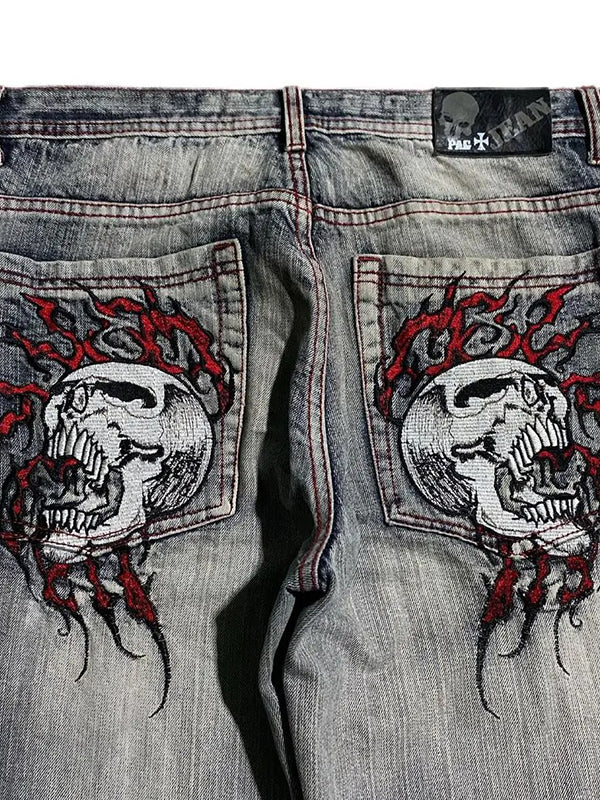 Valenzora | Boyfriend Baggy Jeans mit Totenkopf-Stickerei im 2000er-Stil