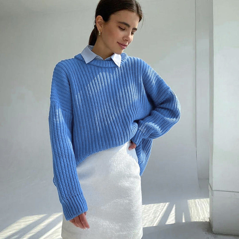 Valenzora – Fashionable solid-color knit sweater with round neck