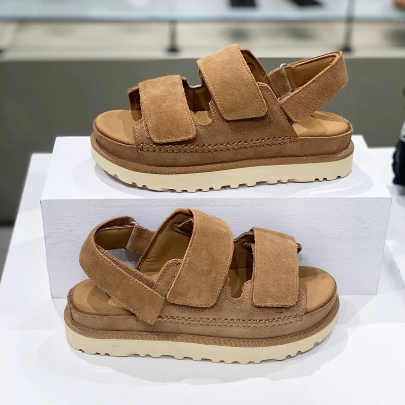 Valenzora | Frühling und Sommer Neue Sandalen aus echtem Leder mit dicker Sohle und Riemchen-Klettverschluss Damen Offene Zehen Höhenerhöhung