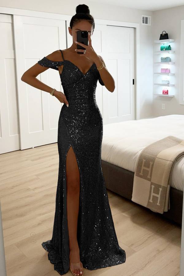 Valenzora | Sequined Lace Mermaid Prom Dresses with Slit Off-Shoulder Evening Dress