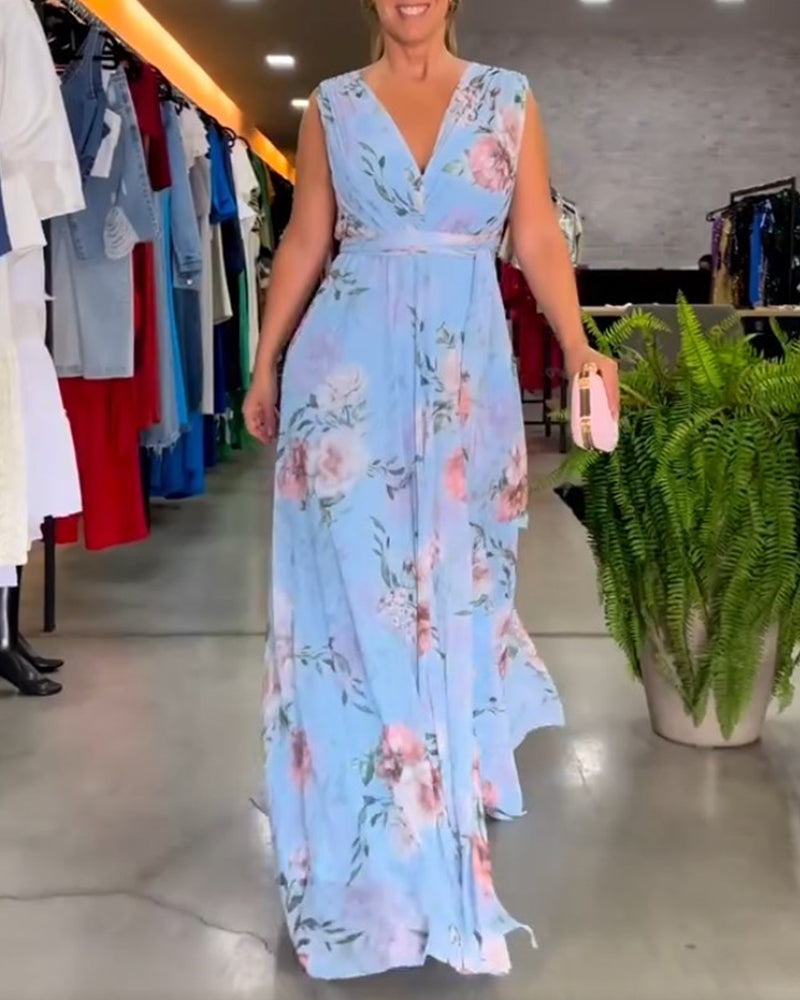 Valenzora | Elegantes ärmelloses Kleid mit V-Ausschnitt und Blumenmuster
