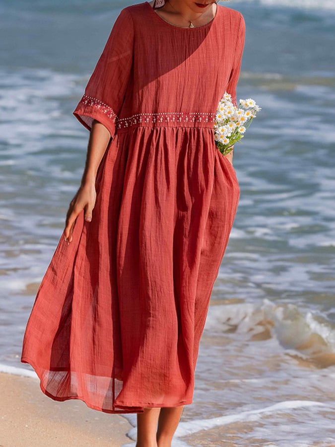 Valenzora | Women's Embroidered Cotton Linen Dress