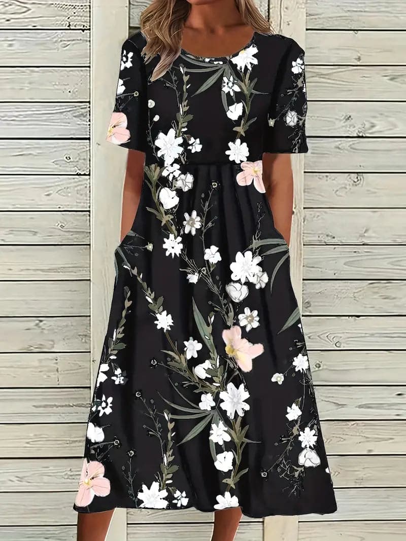 Valenzora | Midikleid mit Blumenmuster, Rundhalsausschnitt, kurzen Ärmeln, luftig und bequem