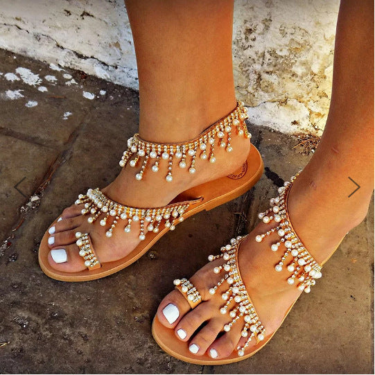 Valenzora | Orthopädische Sandalen Flach Perle Bequeme Schnurperlen Pantoletten