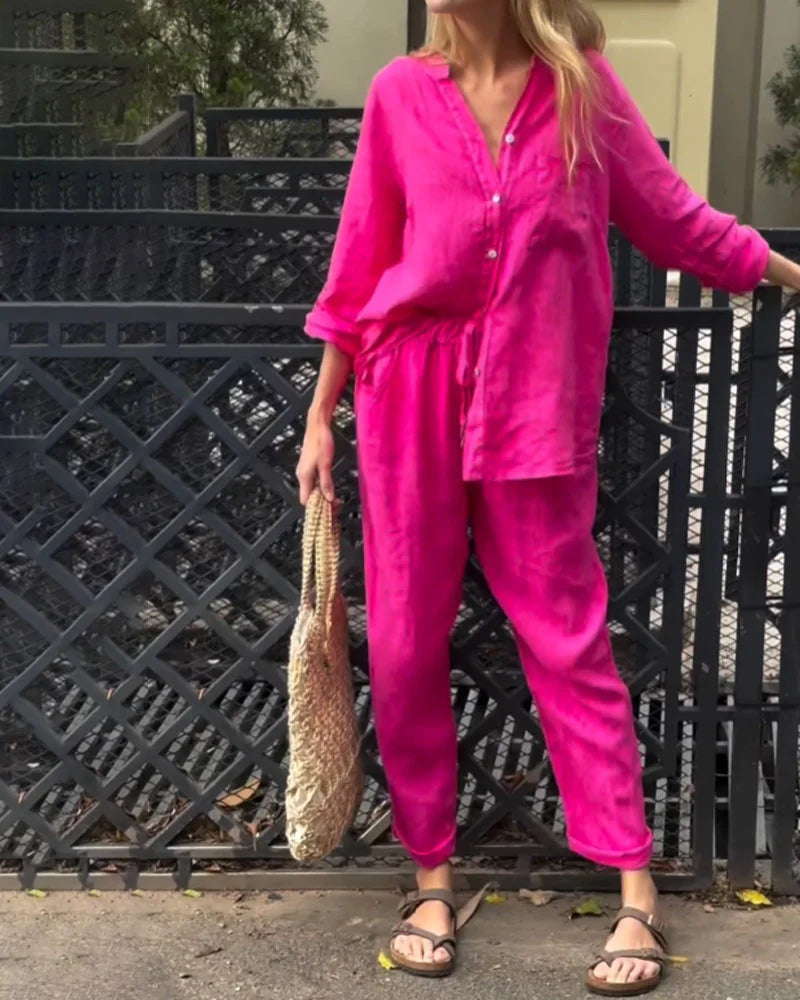 Valenzora | Lässiges V-Ausschnitt-Shirt & Hose aus Baumwoll-Leinen-Set