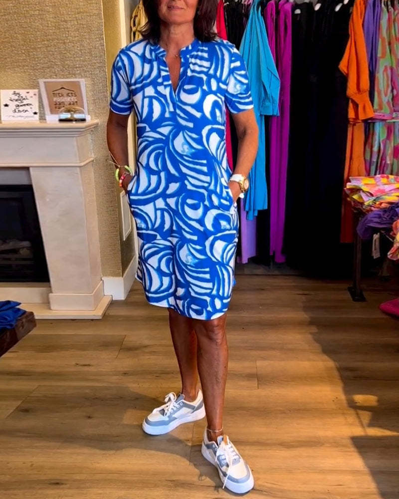 Valenzora | Kurzärmeliges Damenkleid mit V-Ausschnitt und Print