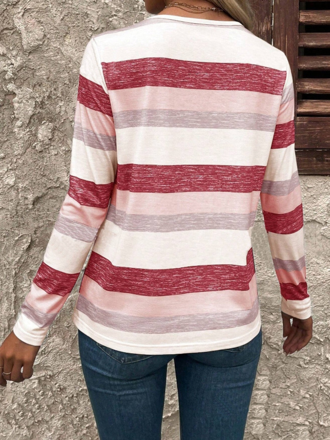Valenzora | Contrast striped V-neck long-sleeved T-shirt