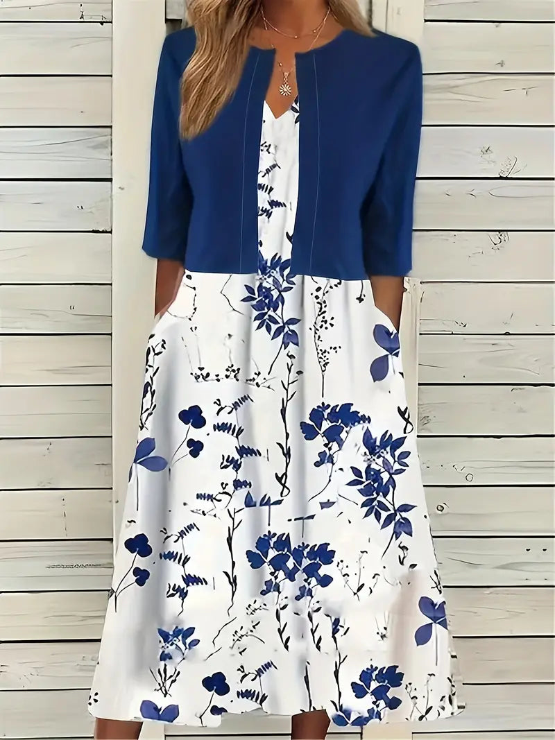 Valenzora | Elegant two-piece floral dress set with solid color crop top and round neck dress