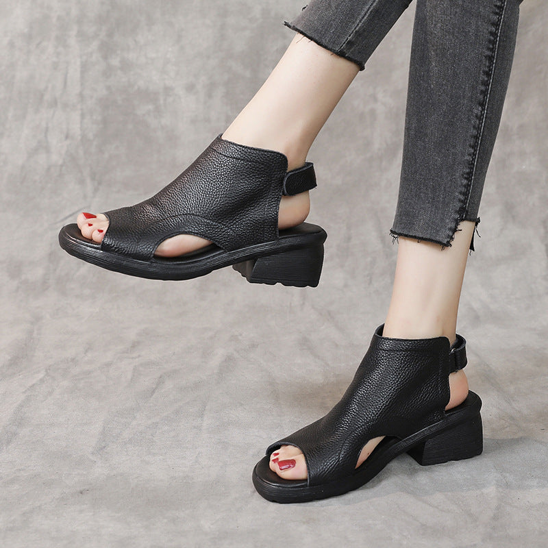 Valenzora | Retro Damen Sandalen aus echtem Leder mit halbbhoher, weicher Sohle