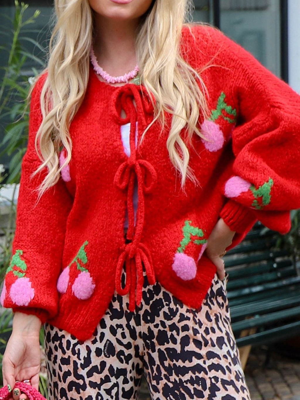 Valenzora | Bound Cherry Round Neck Long Sleeve Cardigan