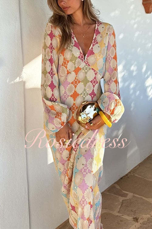 Valenzora | Rosiedress V-neck lantern sleeve geometric print maxi dress
