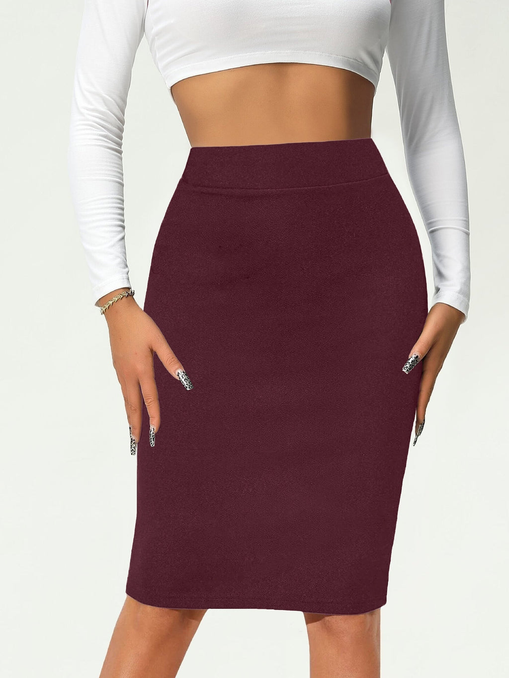 Valenzora | Solid Color High Waist Pencil Skirt