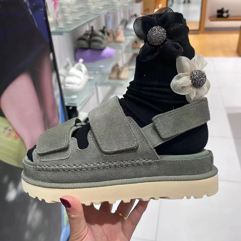 Valenzora | Frühling und Sommer Neue Sandalen aus echtem Leder mit dicker Sohle und Riemchen-Klettverschluss Damen Offene Zehen Höhenerhöhung