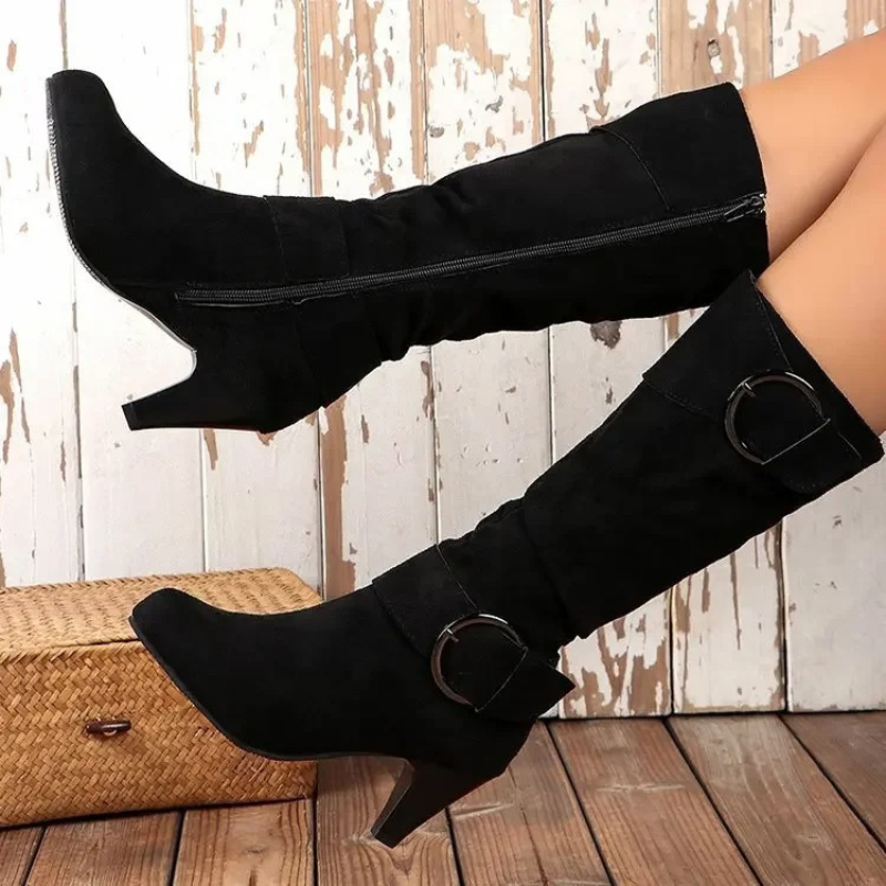 Valenzora | Damen kniehohe Stiefel mit Reißverschluss und Schnalle Stylische hohe Stiefel