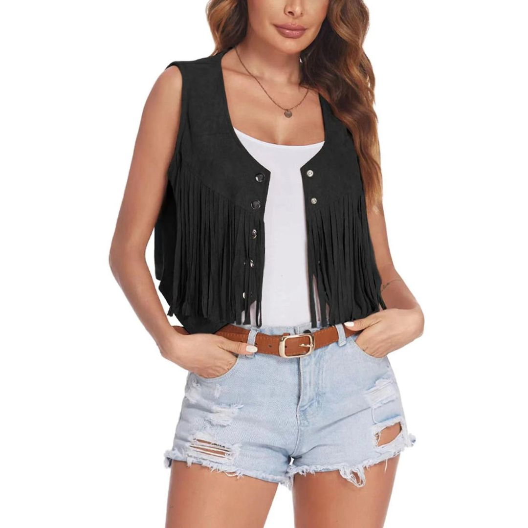 Valenzora | Suede vest with fringe and button detail