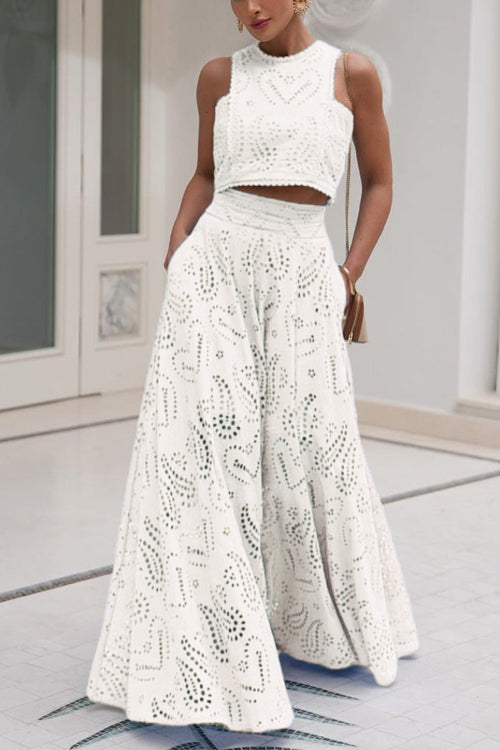 Valenzora | Rosiedress Lace Hollow Out Round Neck Crop Tank Top High Waist Maxi Swing Skirt Set