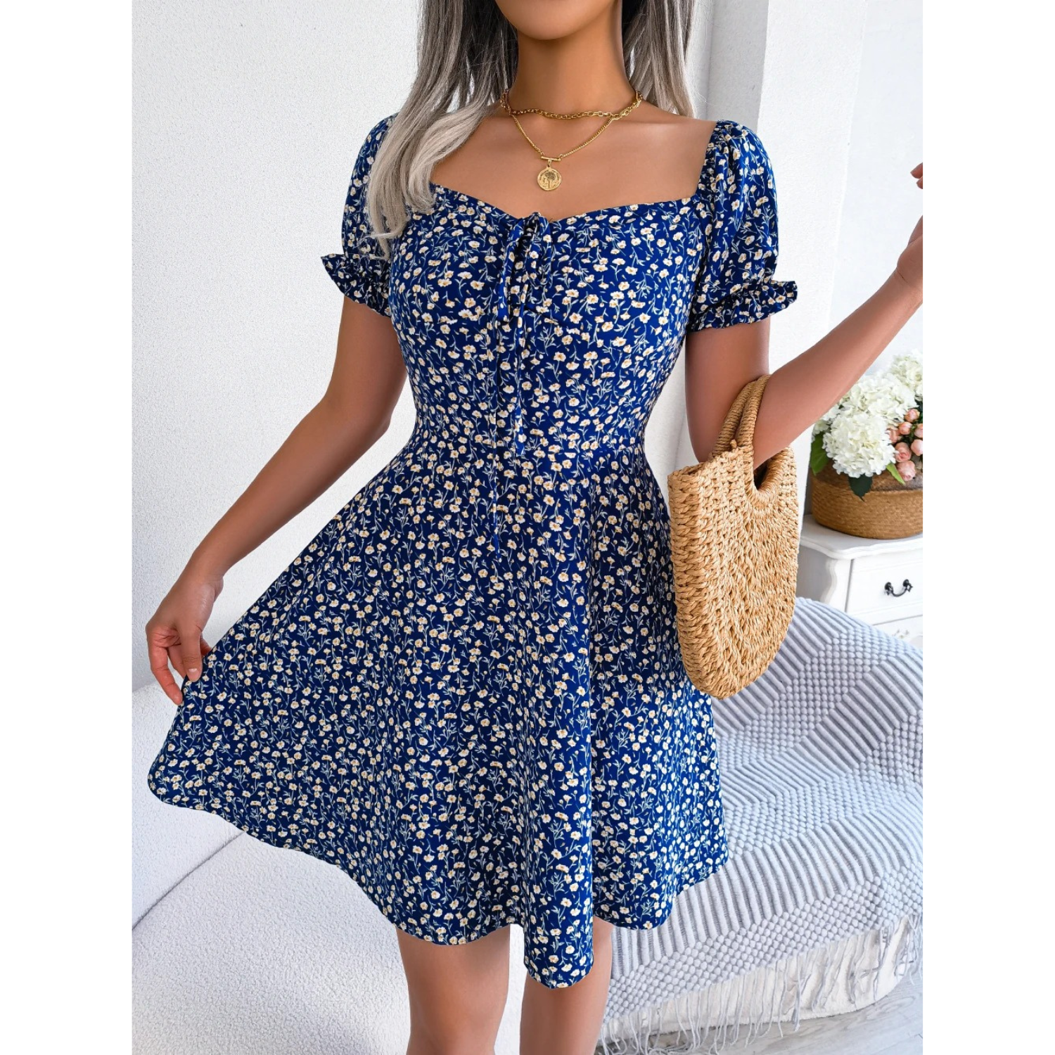 Valenzora | Summer dress with floral puff sleeves for women