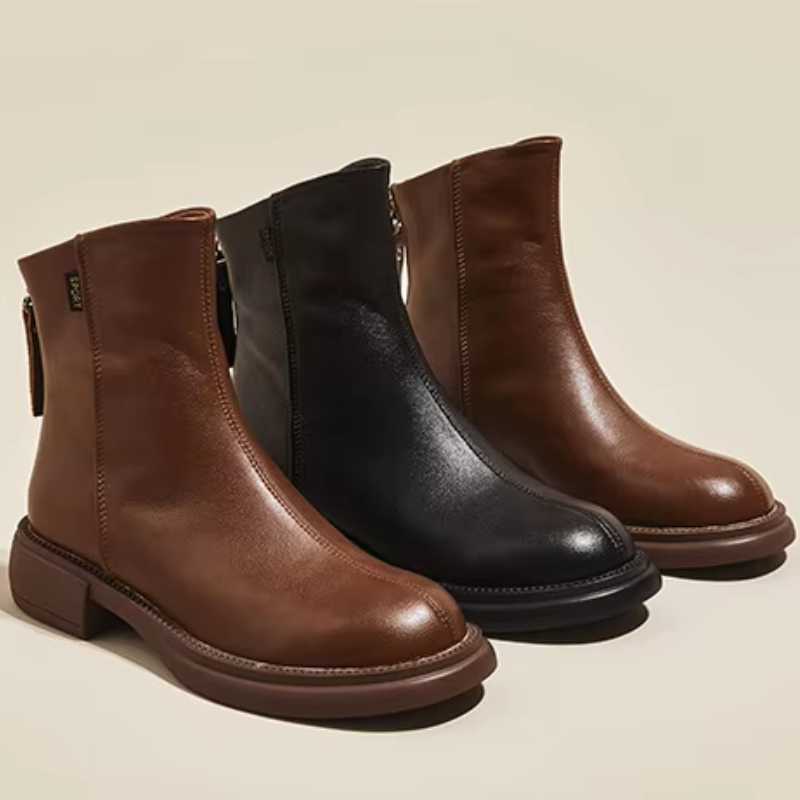 Valenzora | Women's Leather Ankle Boots with Back Zipper and Low Heel