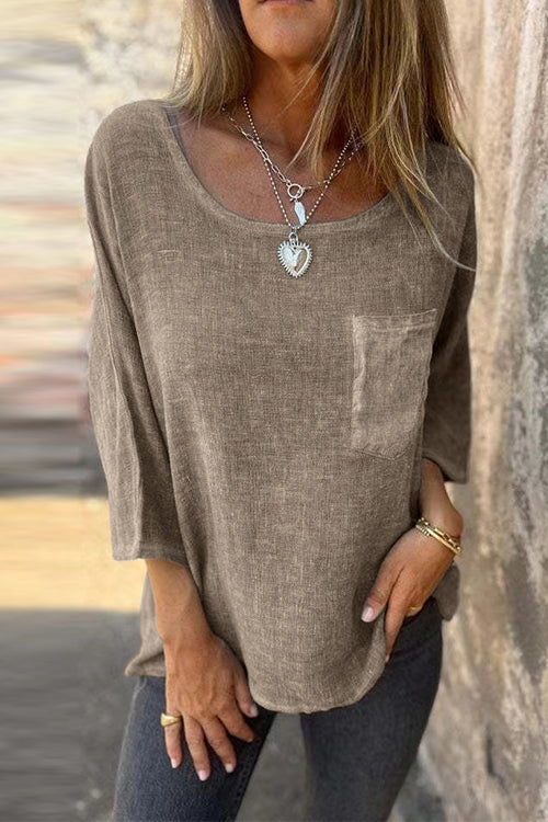 Valenzora | Rosiedress 3/4-Arm-T-Shirt mit Taschen aus Baumwolle und Leinen für die Freizeit