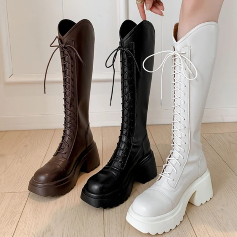 Valenzora | High Boots Damen Stiefel mit Schnürung und stabilem Absatz