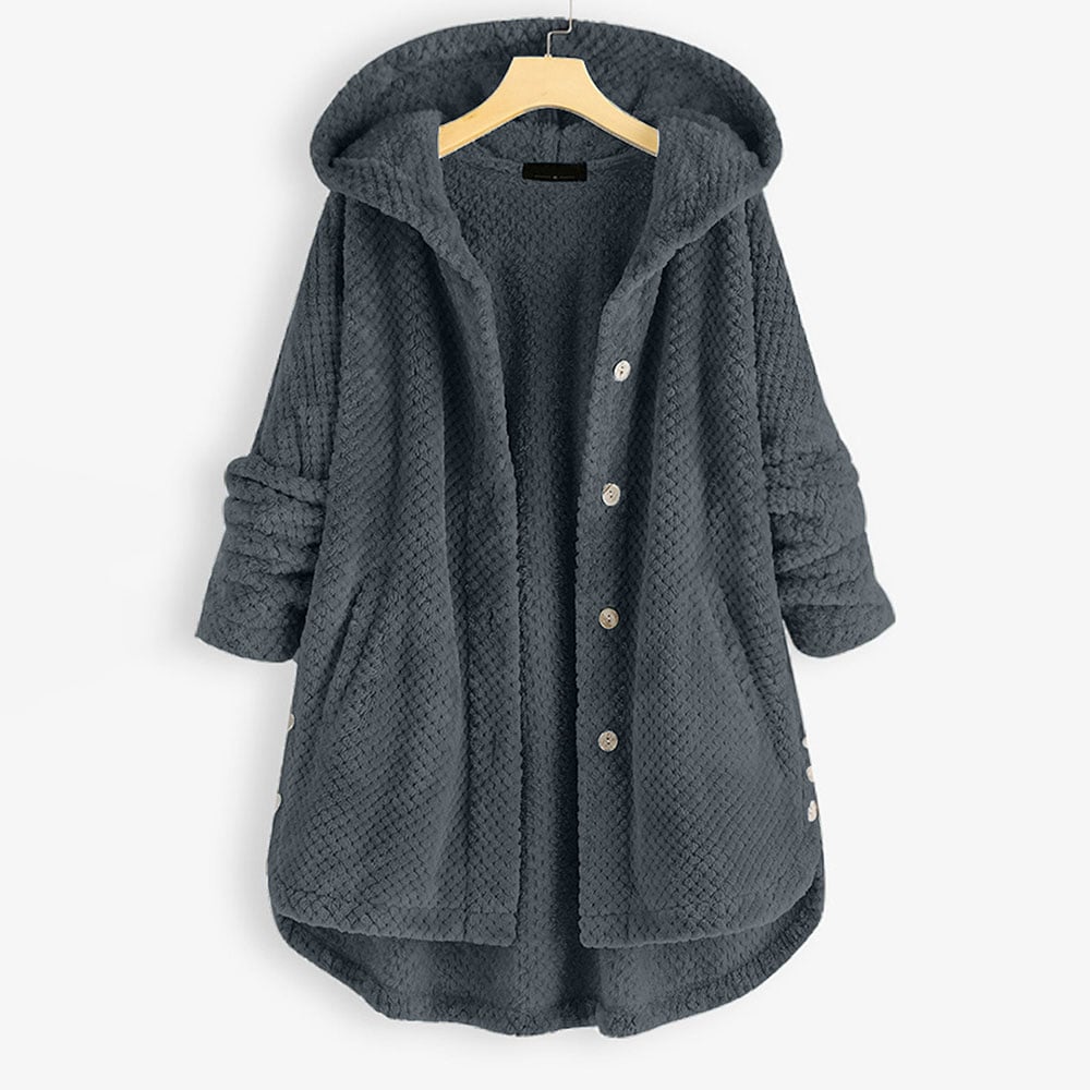 Mid-length, reversible fleece jacket with hood for winter