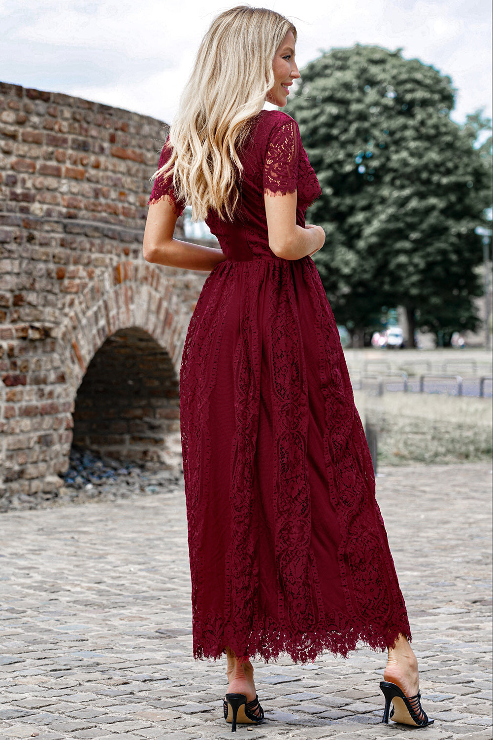 Valenzora | Lace Plunge Dress with Wavy Hem