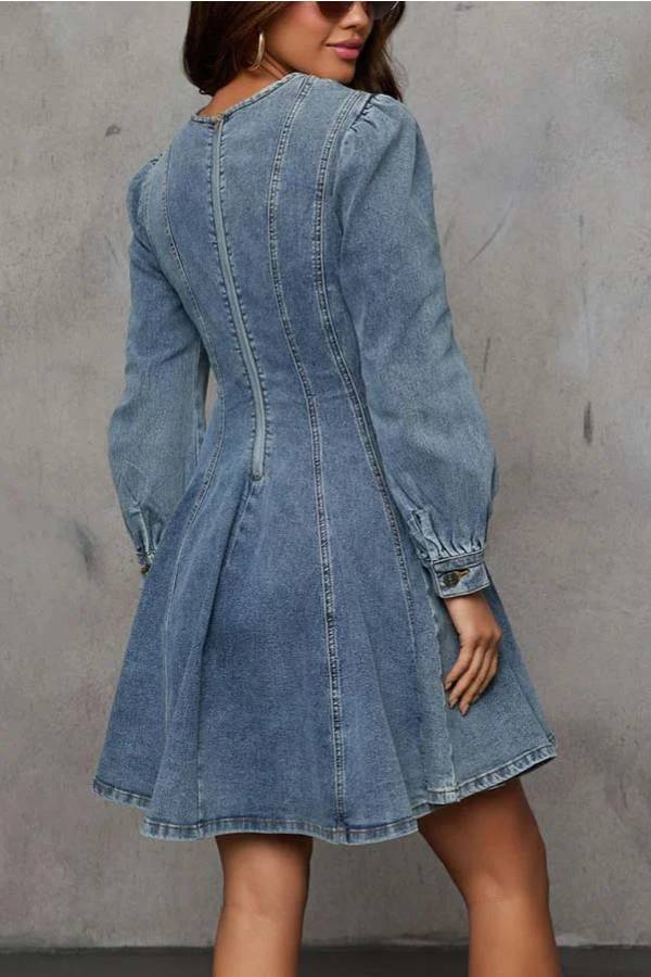 Valenzora | Fade Into You Denim Princess Line Mini-Stretchkleid mit ausgestelltem Rock und Reißverschluss hinten