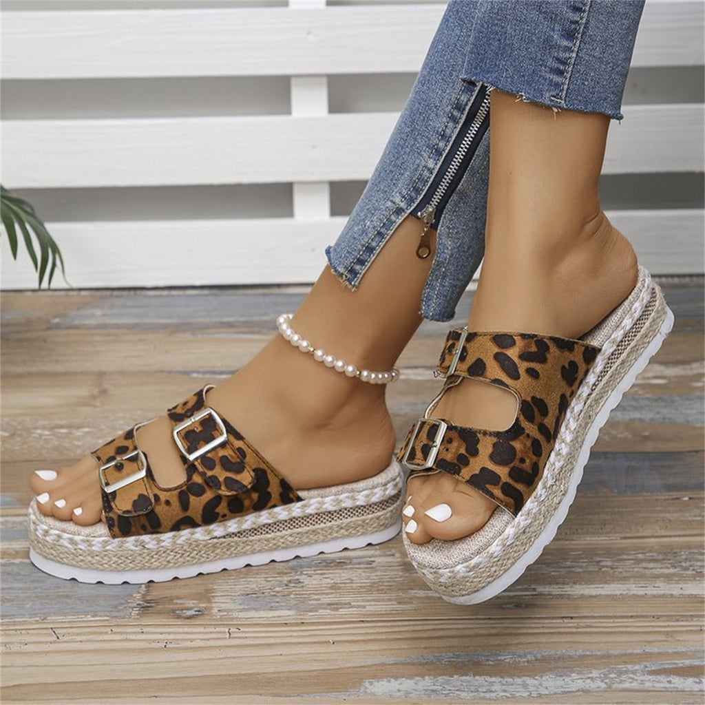Valenzora sandals with double buckle and leopard print