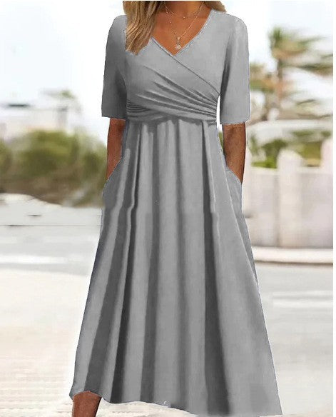 Valenzora | Blue, simple midi dress with V-neck
