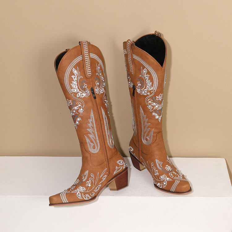 Valenzora | Bestickte Western-Denim-Retro-Kniehohe Stiefel für Damen